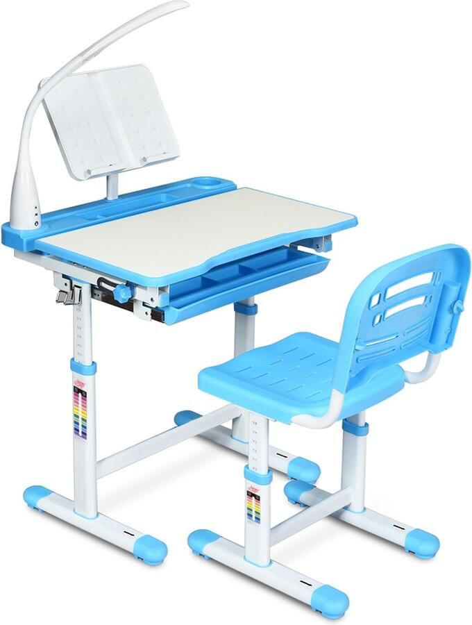 COSTWAY Kinderbureau in hoogte verstelbaar bureau voor scholieren met lamp kindermeubel kantelbaar kindertafel met stoel bureau met lade kleurkeuze (lichtblauw)