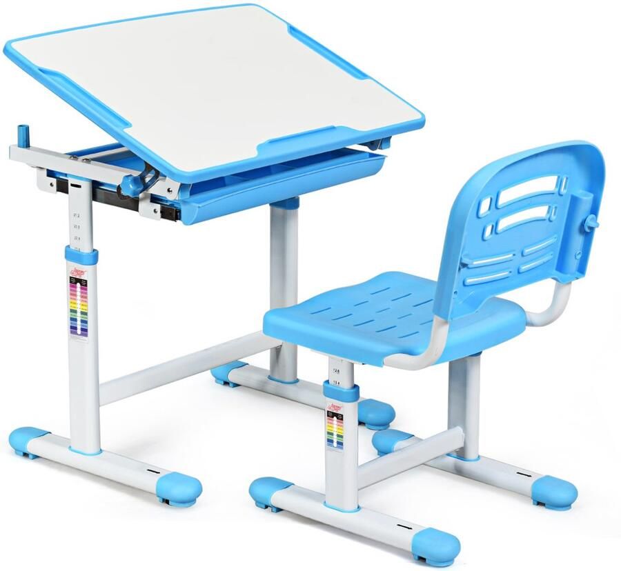 COSTWAY Kinderbureau in hoogte verstelbaar kindermeubel kantelbaar kindertafel met stoel bureau voor kinderen (blauw)