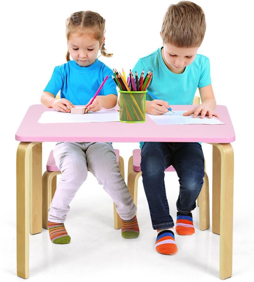 COSTWAY Kinderen Houten Tafel en 2 Stoelen Set 3-Delige Kindertafel & Stoel Kinderen Bentwood Tafel en Stoel Set Kinderen Bureau en Stoel Set voor Peuter Kinderen Houten Meubelen voor Huizen Kinderdagverblijven en Klaslokalen (Roze)