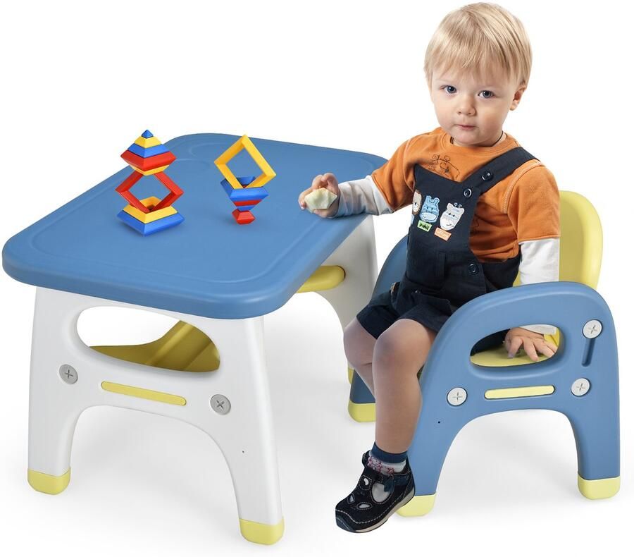 COSTWAY Kinderen tafel en stoel set met leuke dinosaurus modellering kinderen activiteit kunst studie bureau set met opbergrek & bouwstenen kinder grootte kunststof meubilair voor kinderen leeftijden 1-5 (Blauw)