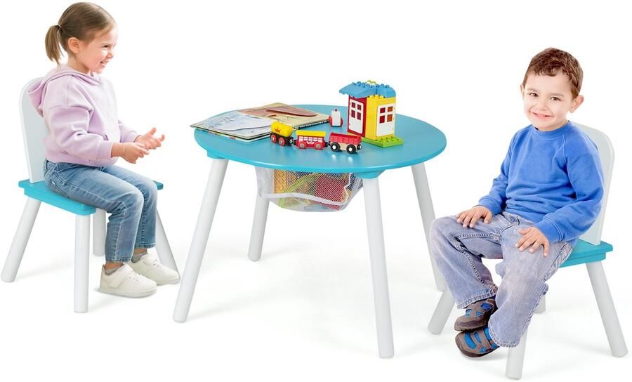 COSTWAY Kindertafel met 2 stoelen 3-delig houten zitgroep kinderzitgroep met afneembaar tafeldeksel & opbergzak kindermeubelset stapelbaar voor jongens meisjes (groen)