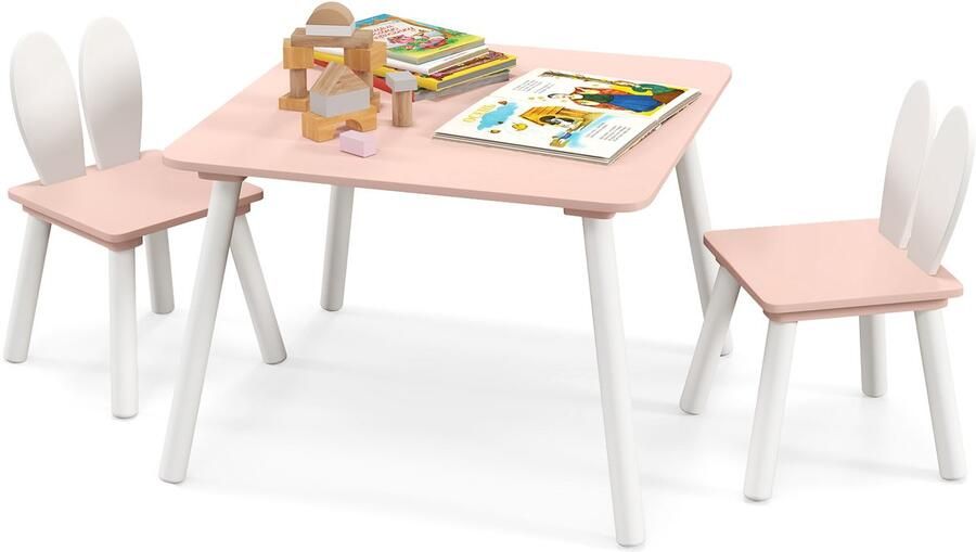 COSTWAY Kindertafel met 2 stoelen 3-delig. Kinderzitgroep met massief houten poten & hazenoren rugleuning vierkante speeltafel kindermeubel kinderzitgarnituur voor 3-6 jaar kinderen (roze)