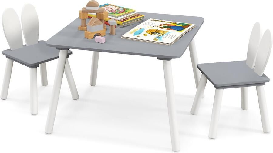 COSTWAY Kindertafel met 2 stoelen 3-delig. Kinderzitgroep met massief houten poten & hazenoren rugleuning vierkante speeltafel kindermeubel kinderzitgarnituur voor 3-6 jaar kinderen (grijs)