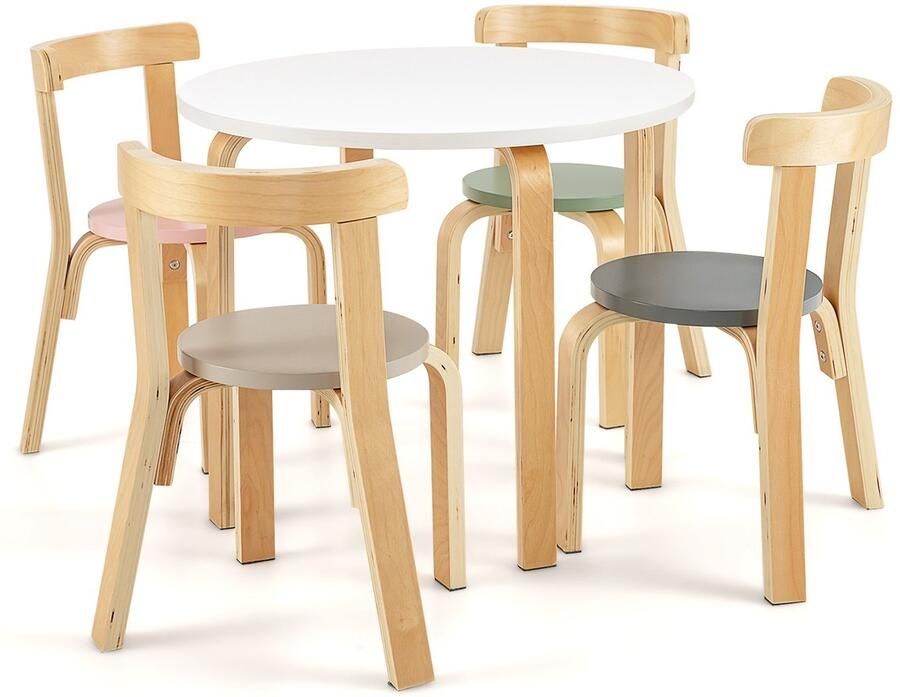 Costway Kindertafel met 4 stoelen 5 stuks. Houten zitgroep met ronde tafel afgeronde hoeken en randen kindermeubel zitset voor kinderen vanaf 4 jaar (kleurrijk)