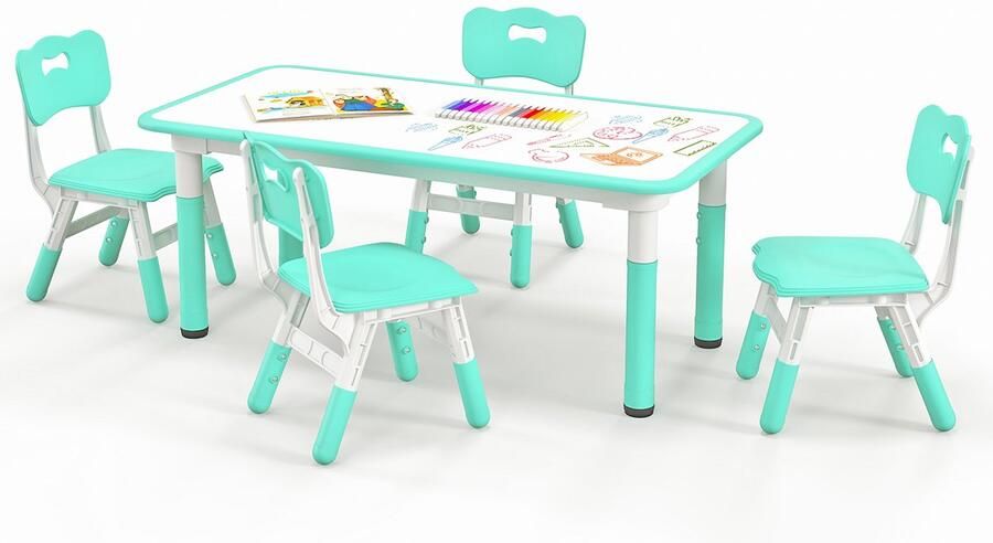 COSTWAY Kindertafel met 4 stoelen kinderzitgroep in hoogte verstelbaar met graffiti-tafelblad kindertafelstoelset Maltafel activiteitstafel voor jongens en meisjes vanaf 18 maanden (groen)