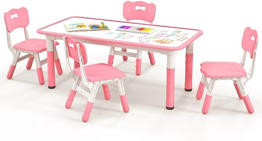 COSTWAY Kindertafel met 4 stoelen kinderzitgroep in hoogte verstelbaar met graffiti-tafelblad kindertafelstoelset Maltafel activiteitstafel voor jongens en meisjes vanaf 18 maanden (roze)