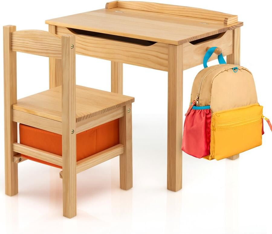 COSTWAY Kindertafel met stoel bureau van massief hout met inklapbaar tafelblad lade en haken activiteitstafel kinderzitgroep met opbergruimte voor kinderen vanaf 3 jaar (natuur)