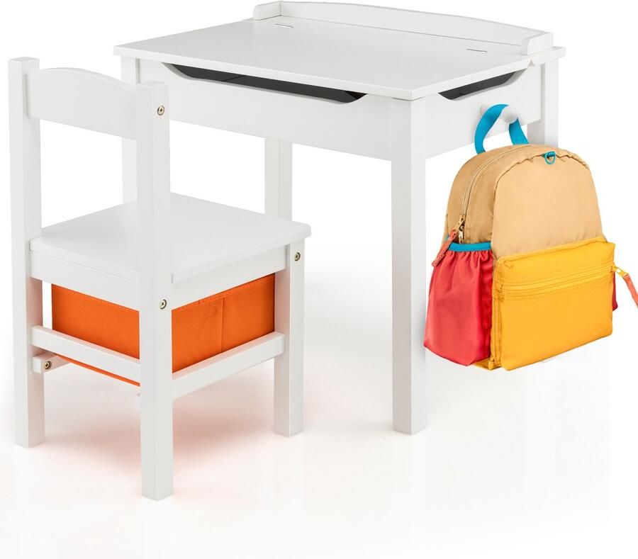 COSTWAY Kindertafel met stoel bureau van massief hout met inklapbaar tafelblad lade en haken activiteitstafel kinderzitgroep met opbergruimte voor kinderen vanaf 3 jaar (wit)