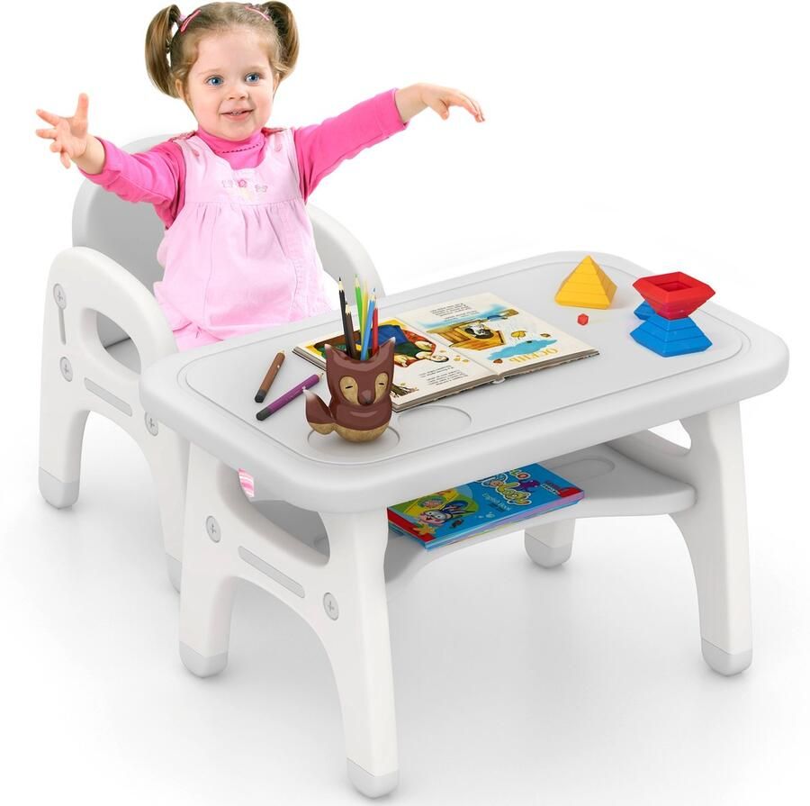 COSTWAY Kindertafel met stoel kinderzitgroep met bouwblokken en plank schildertafel knutseltafel voor kinderen met dinosaurusdesign kindertafelstoelset voor kinderen vanaf 3 jaar grijs