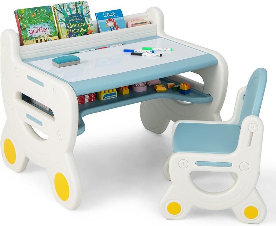 COSTWAY Kinderzitgroep met in hoogte en kantelbaar tafelblad kindertafel met kruk om te tekenen leren spelen en eten voor kinderen vanaf 3 jaar (blauw)