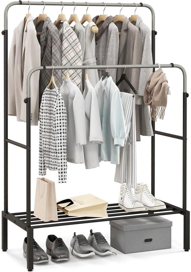 COSTWAY Kledingrek met 2 kledingstangen dubbele kapstok met verstelbare hoogtes vrijstaande metalen kapstok voor slaapkamer 108 x 50 x 125 cm