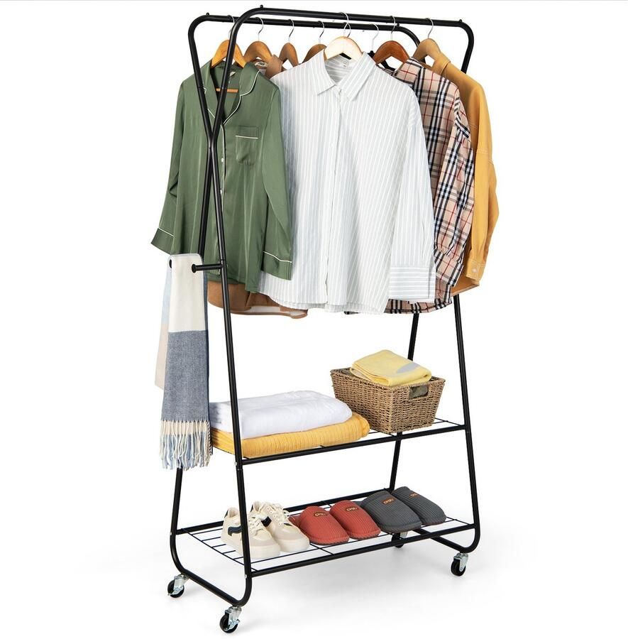 COSTWAY Kledingrek op wieltjes kapstok met 2 kledingstangen & 2 planken & 4 haken metalen rolgarderobe stabiel kledingwagen garderobewagen zwart 86 x 45 x 170 cm