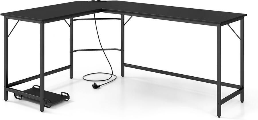 COSTWAY L-vormig bureau met stopcontacten en CPU-standaard hoektafel computertafel bureautafel voor thuiskantoor 168 x 125 x 74 5 cm (zwart)