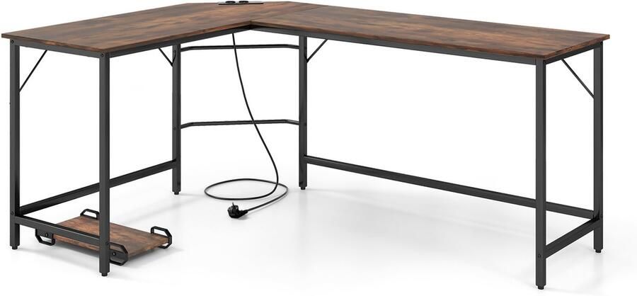 COSTWAY L-vormig bureau met stopcontacten en CPU-standaard hoektafel computertafel bureautafel voor thuiskantoor 168 x 125 x 74 5 cm (rustiek bruin)