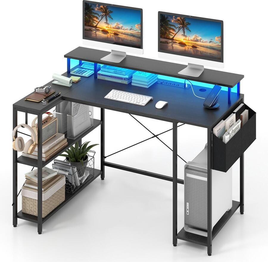 COSTWAY L-vormig bureau met stopcontacten en ledverlichting 120 cm hoekbureau met monitorstandaard planken en opbergtas hoektafel gaming computertafel (zwart)
