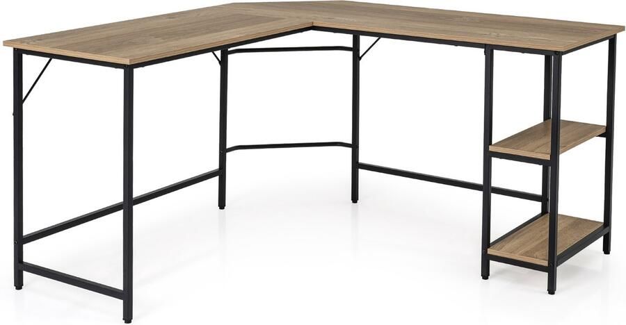 COSTWAY L-vormig bureau thuiskantoor bureau met 2 legplanken computertafel met metalen frame en voetensteun hoekbureau voor kantoor slaapkamer studeerkamer (natuur)