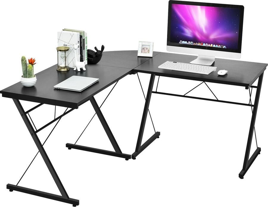 COSTWAY L-vormige bureau omkeerbare hoek Computer Gamebureau ruimtebesparend Multifunctioneel Schrijf Werkplek Studiebureau met ronde hoek voor thuiskantoor