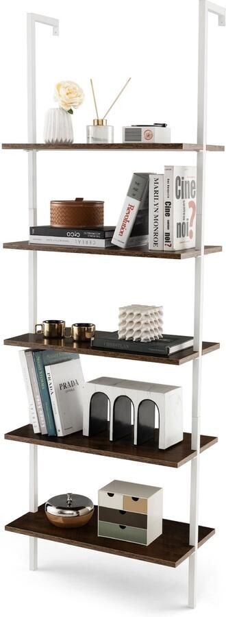COSTWAY Ladderrek bruin staand rek 5 niveaus boekenkast muur smalle plank 60 x 30 x 180 cm metalen frame voor thuiskantoor en woonkamer modern