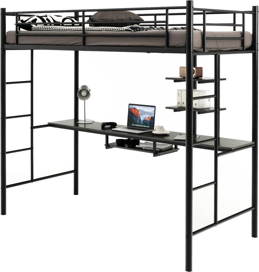 COSTWAY Metalen Loft Bed Frame met Bureau Zwaar Loft Bed met 2 Ladders en volledige lengte van Leuningen Ruimtebesparende Bed Frame voor Tieners en Volwassenen Geen Boxspring Nodig