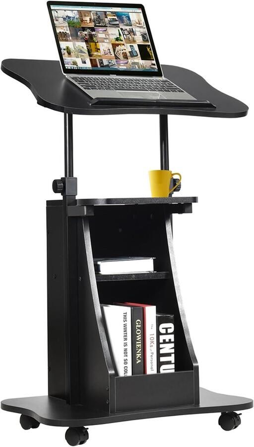COSTWAY Mobiel sta-bureau in hoogte verstelbaar sprekerbureau met kantelbaar tafelblad en open vakken schrijfbureau om te staan of te zitten statafel op wielen voor thuiskantoor zwart