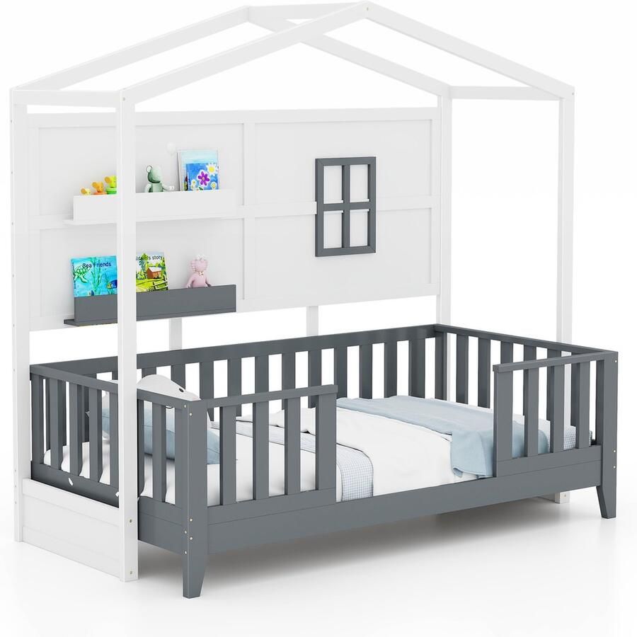 COSTWAY Montessori-bodembed 90 x 200 cm kinderbed met valbescherming en 2 planken houten bed in huisvorm met raam en lattenbodem wit + grijs