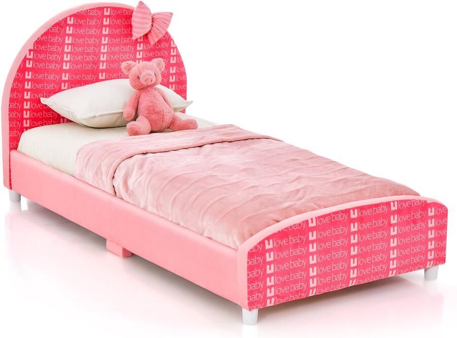 COSTWAY Montessori Kinderbed babybed 140 x 70 cm met zacht hoofdeinde en lattenbodem eenpersoonsbed jeugdbed voor jongens en meisjes tot 8 jaar belastbaar tot 150 kg (roze strik)