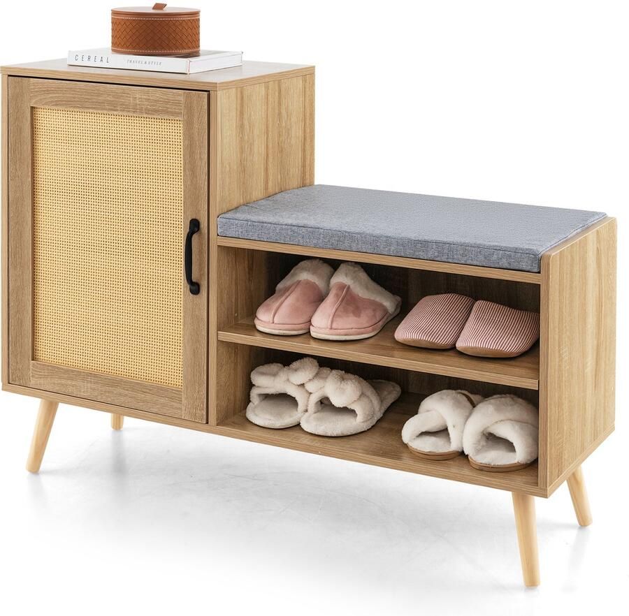COSTWAY Schoenenkast met zitbank rotan schoenenbank met zitvlak en 3 verstelbare planken schoenenrek garderobebank voor entree hal slaapkamer