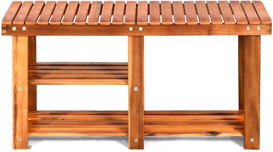 COSTWAY Schoenenrek met zitbank schoenenbank met 2 planken schoenenkast van hout schoenenstandaard voor badkamer woonkamer en entree 87 x 28 x 45 cm naturel