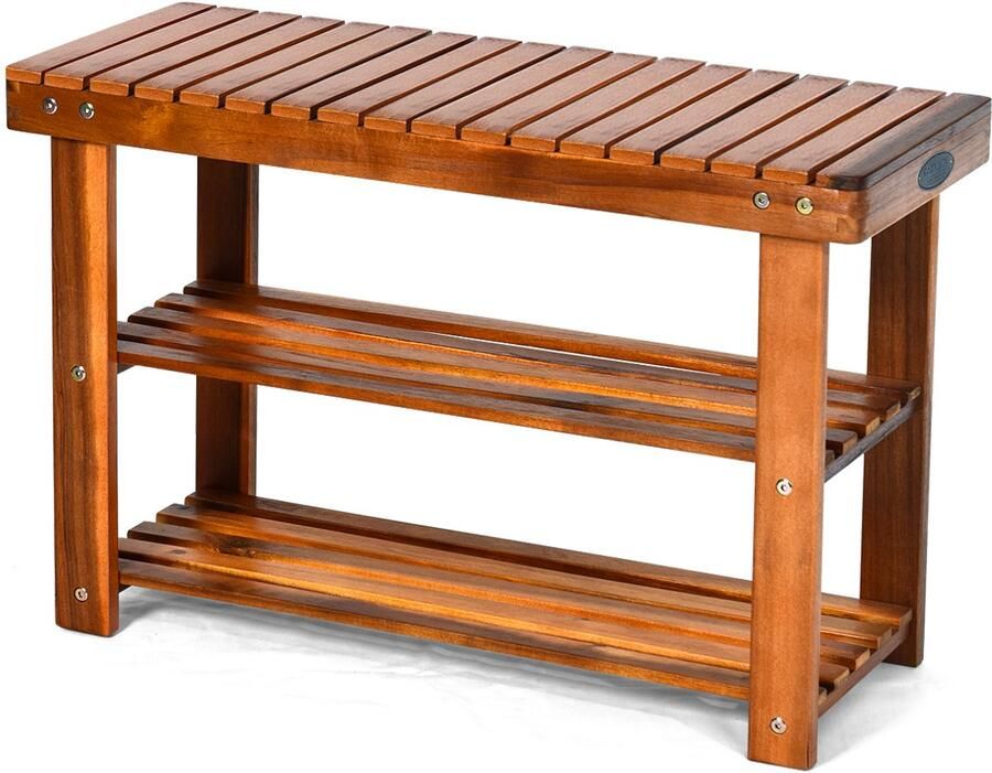 COSTWAY Schoenenrek met zitbank schoenenbank met 2 planken schoenenkast van hout schoenenstandaard voor badkamer woonkamer en entree 70 x 28 x 45 cm
