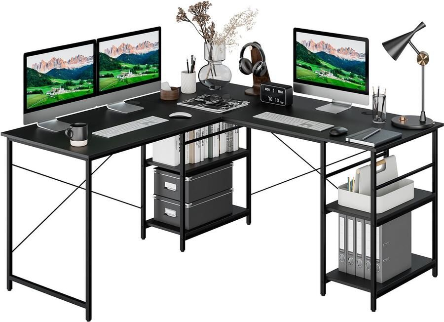 COSTWAY Schrijftafel L-vorm omkeerbaar hoekbureau met 4 planken hoektafel met 3 kabelgaten gaming computertafel bureautafel voor thuiskantoor 151 x 151 x 75 cm (zwart)