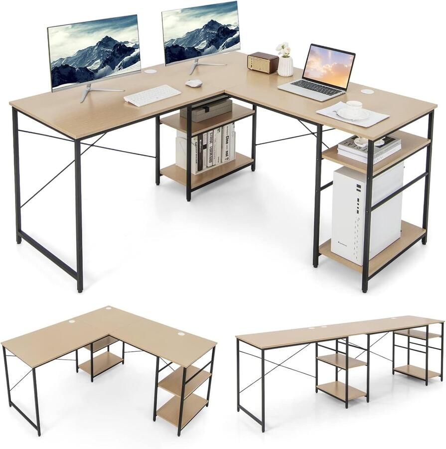 COSTWAY Schrijftafel L-vorm omkeerbaar hoekbureau met 4 planken hoektafel met 3 kabelgaten gaming computertafel bureautafel voor thuiskantoor 151 x 151 x 75 cm naturel