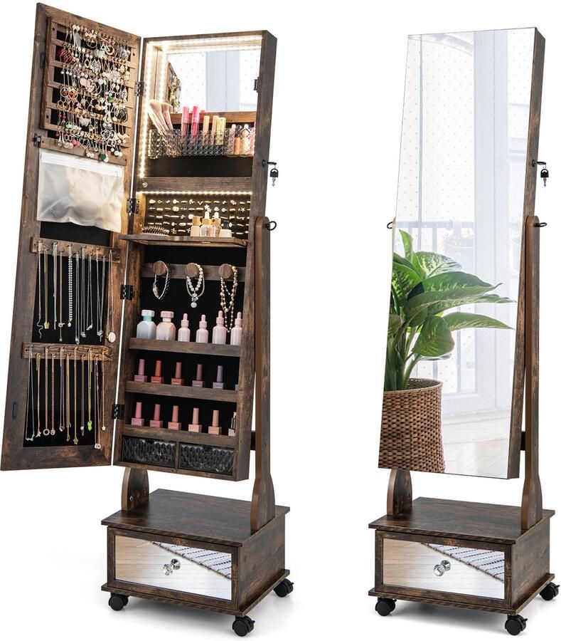 COSTWAY Sieradenkast met 3 spiegels verstelbare sieradenspiegel met lade wielen en lampen spiegelkast sieraden afsluitbaar voor kettingen oorbellen make-up 42 x 35 x 159 cm (rustiek bruin) - Foto 2