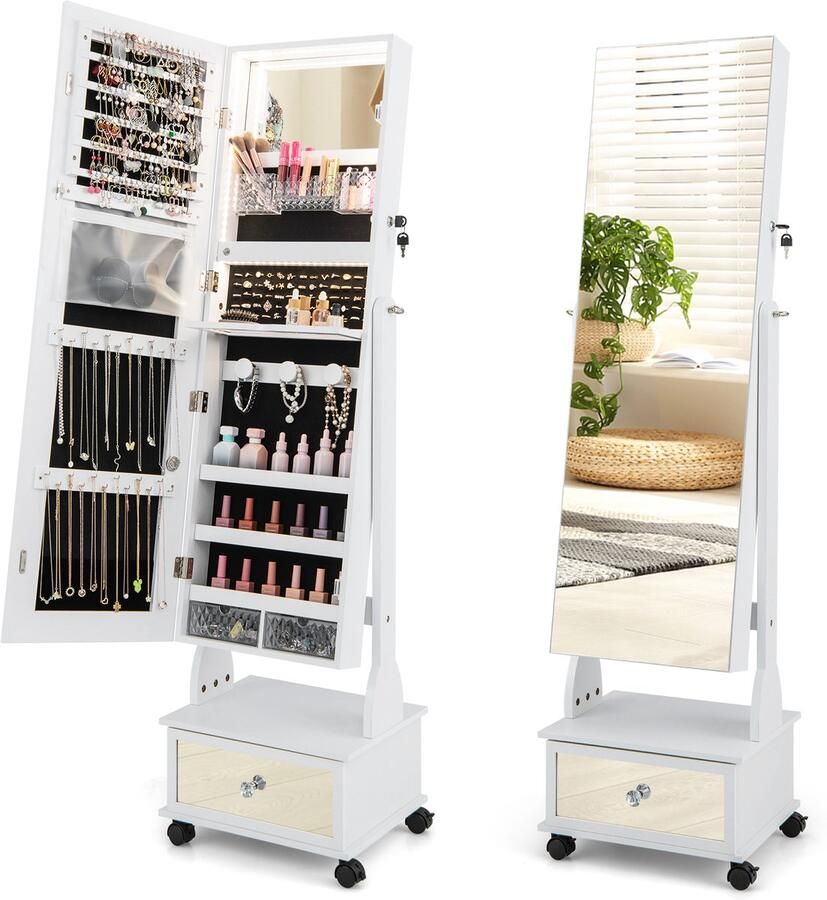 COSTWAY Sieradenkast met 3 spiegels verstelbare sieradenspiegel met lade wielen en lampen spiegelkast sieraden afsluitbaar voor kettingen oorbellen make-up 42 x 35 x 159 cm (rustiek bruin)