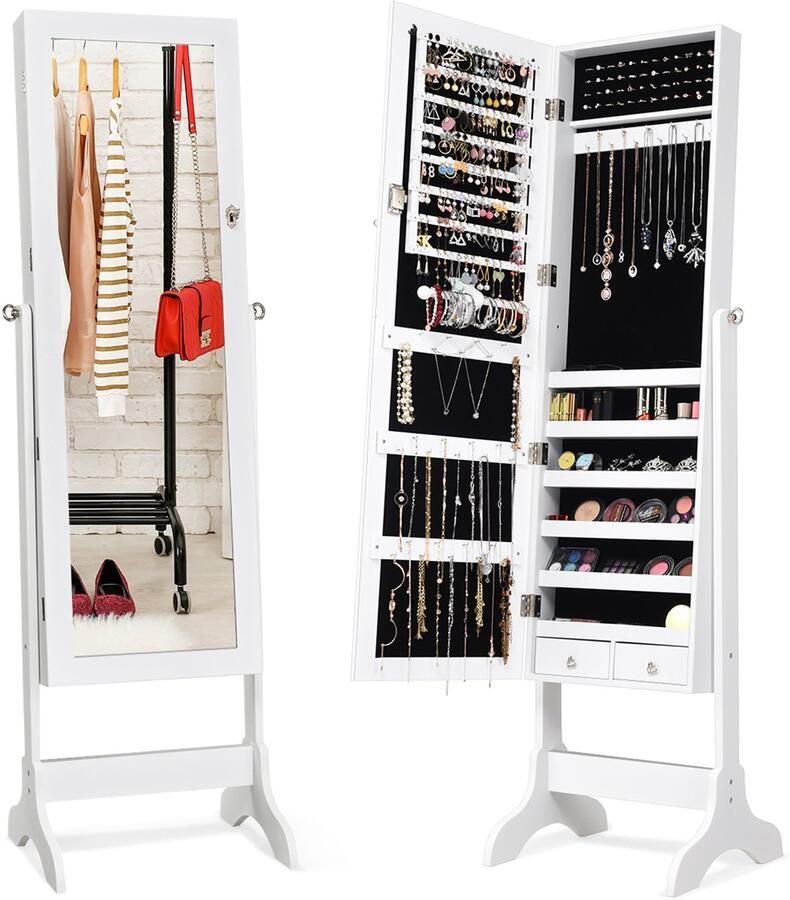 COSTWAY Sieradenkast Vrijstaande sieraden kast Afsluitbare sieraden organisator met spiegel over de gehele lengte en 2 laden