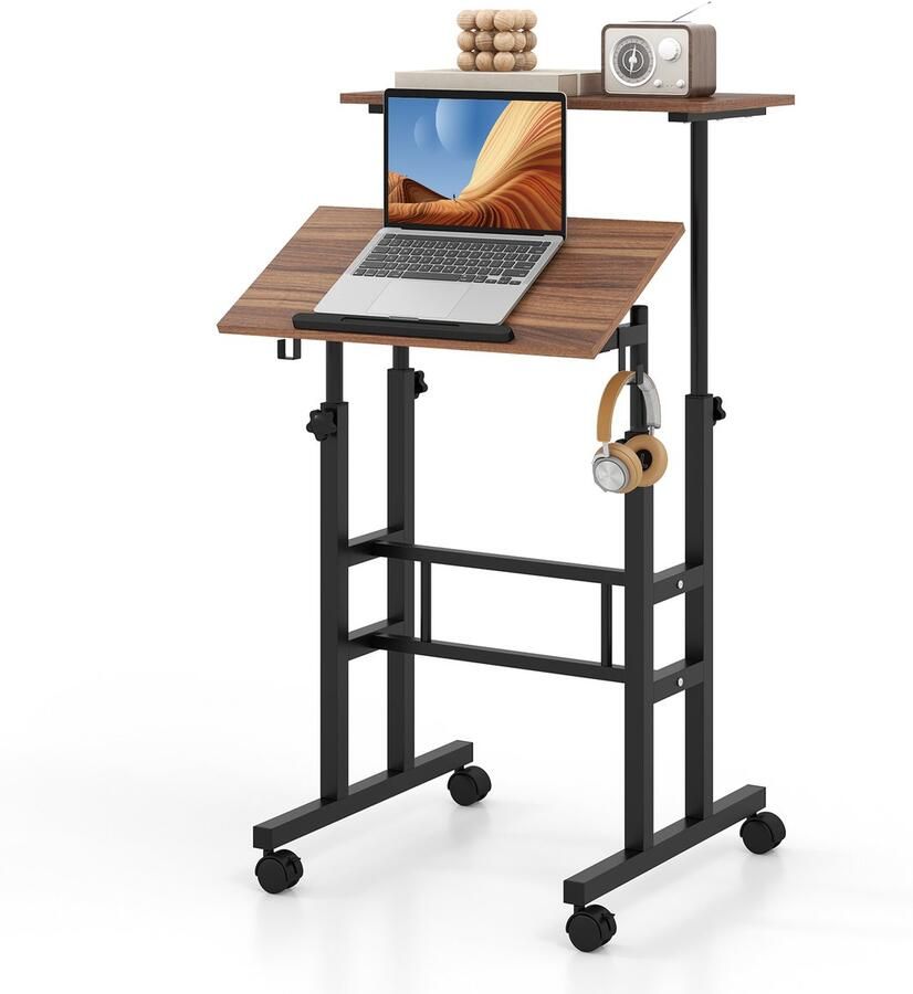 COSTWAY Sta-bureau in hoogte verstelbaar mobiele computertafel met wielen kantelbaar tafelblad en 2 haken bureau state-zittafel laptoptafel voor thuis kantoor (walnoot)