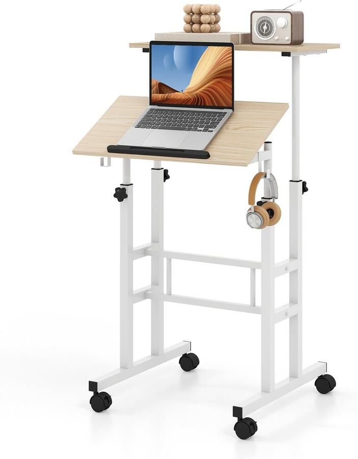 COSTWAY Sta-bureau in hoogte verstelbaar mobiele computertafel met wielen kantelbaar tafelblad en 2 haken bureau state-zittafel laptoptafel voor thuis kantoor (natuur)