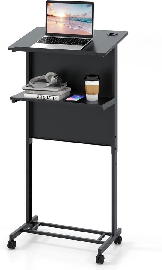 COSTWAY Sta-bureau in hoogte verstelbaar staand zit-bureau met wieltjes mobiel sta-bureau met schuin tafelblad en legplank laptoptafel voor thuis en kantoor zwart