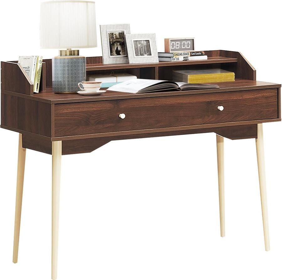 COSTWAY Thuiskantoor Schrijftafel met Lade 100% Stevige Rubberhouten Poten Voldoende Opslagruimte Met Grote Lade & Breed Tafelblad 2-Laags Hok Anti-Tip Riemen voor Woonkamer Studie Slaapkamer Kantoor