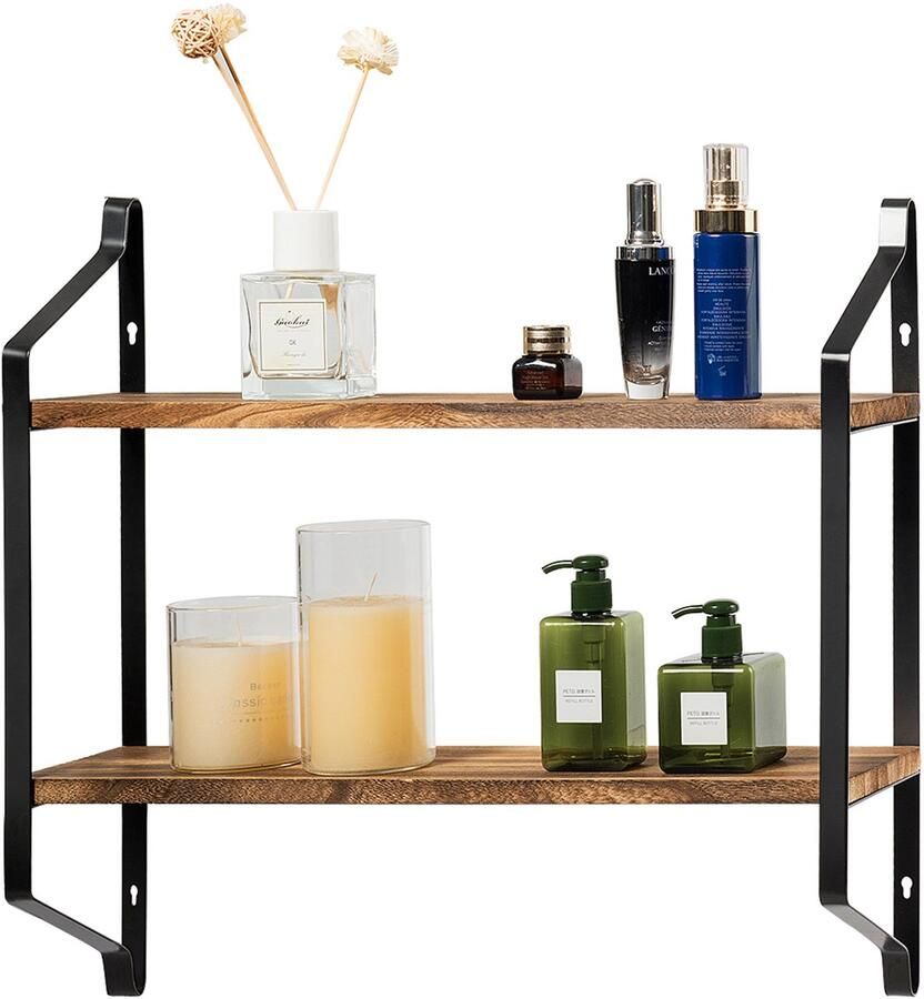 COSTWAY Wandgemonteerde houten plank 2-laags Rustieke Drijvende Opslagplanken voor Bijkeuken Woonkamer Slaapkamer Badkamer Industriële 2-laags Wandgemonteerde Planken Gemakkelijke Installatie