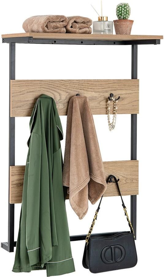 COSTWAY Wandkapstok met plank wandrek met 6 haken industri毛le kapstok met metalen frame kledingstang garderobepaneel voor ingang woonkamer slaapkamer natuur