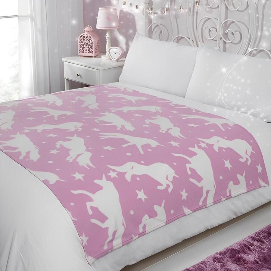 Cosy Fleece Deken Eenhoorn-deken meisjes kinderen volwassenen zachte pluche warme sprei-dekbed bank bed witte sterren eenhoorn print 120 x 150 cm roze
