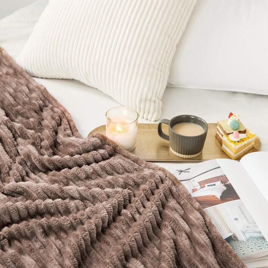Cosy Fleece Deken Flanellen Warme Zachte Plaid Corduroy Comfortabel Kussen-Slaapkamer Bank Reizen Accessoires 85 x 95 Inch Bruin