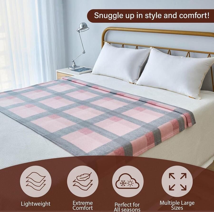 Cosy Fleece Deken Super Zachte Warme Knusse Slaapbank Picknick Tuin Gooi Plaid Tartan Roze Grijs Blush Winter Check 120 x 150 cm