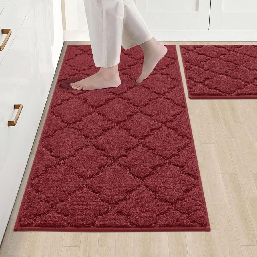 COSY HOMEER Keukenmat 2-delig wasbaar antislip keukenmat keukenloper halmat tapijtloper voor keuken hal woonkamer (50 x 75 cm + 50 x 120 cm rood)