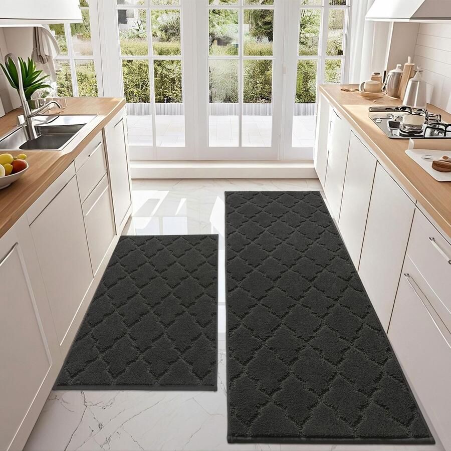 COSY HOMEER Keukenmat 2-delig wasbaar antislip keukenmat keukenloper halmat tapijtloper voor keuken hal woonkamer (60 x 90 cm + 60 x 150 cm zwart)