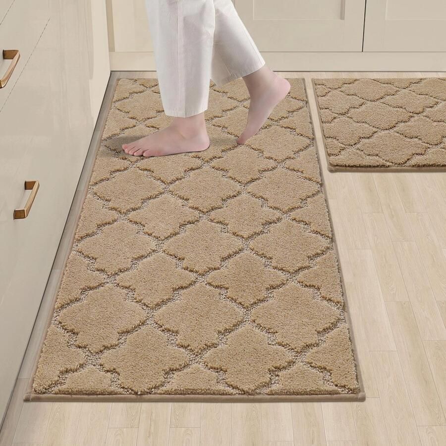 COSY HOMEER Keukenmat 2-delig wasbaar antislip keukenmat keukenloper halmat tapijtloper voor keuken hal woonkamer (50 x 75 cm + 50 x 120 cm beige)