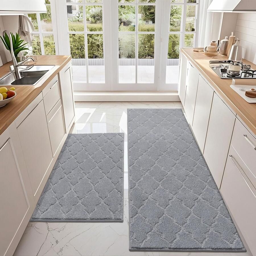 COSY HOMEER Keukenmat 2-delig wasbaar antislip keukenmat keukenloper halmat tapijtloper voor keuken hal woonkamer (60 x 90 cm + 60 x 150 cm grijs)