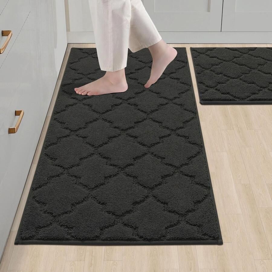 COSY HOMEER Keukenmat 2-delig wasbaar antislip keukenmat keukenloper halmat tapijtloper voor keuken hal woonkamer (50 x 75 cm + 50 x 120 cm zwart)