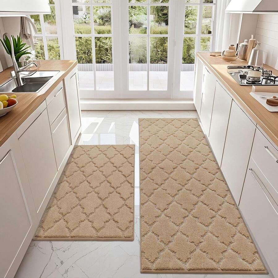 COSY HOMEER Keukenmat 2-delig wasbaar antislip keukenmat keukenloper halmat tapijtloper voor keuken hal woonkamer (60 x 90 cm + 60 x 150 cm beige)