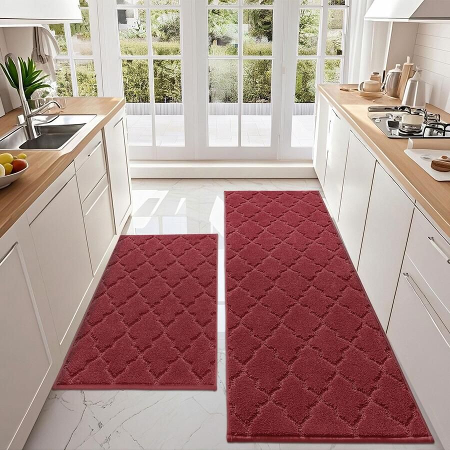 COSY HOMEER Keukenmat 2-delig wasbaar antislip keukenmat keukenloper halmat tapijtloper voor keuken hal woonkamer (60 x 90 cm + 60 x 150 cm rood)